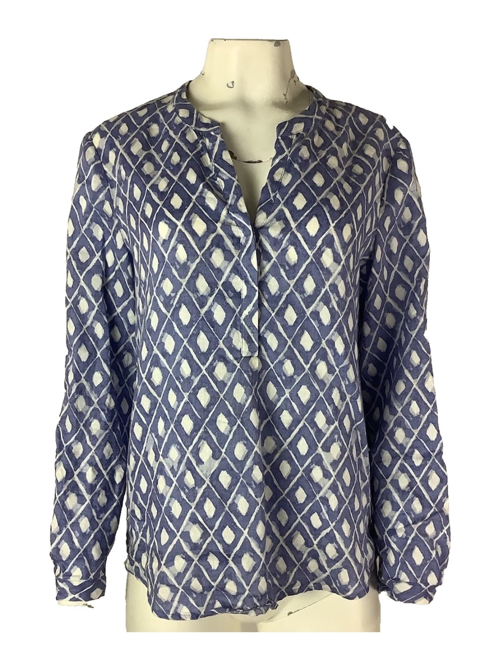 Zozo Sz M 100% Linen Diamond Print Beach Travel Vacation Popover Top Blue